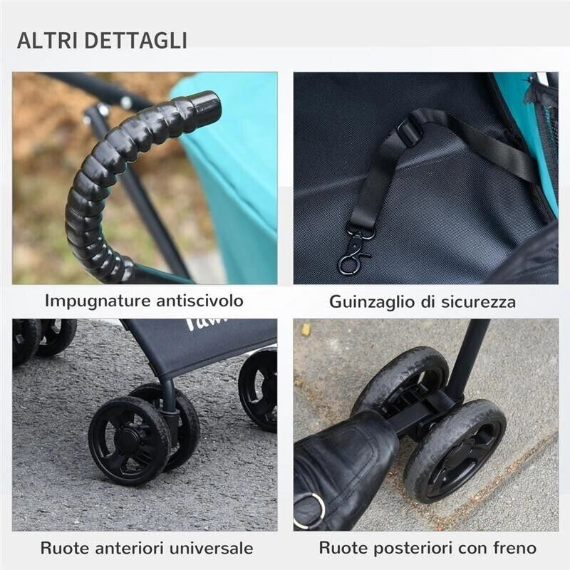 PASSEGGINO PER CANI PICCOLI PIEGHEVOLE, RUOTE CON FRENO IN EVA E GUINZAGLIO DI SICUREZZA VERDE