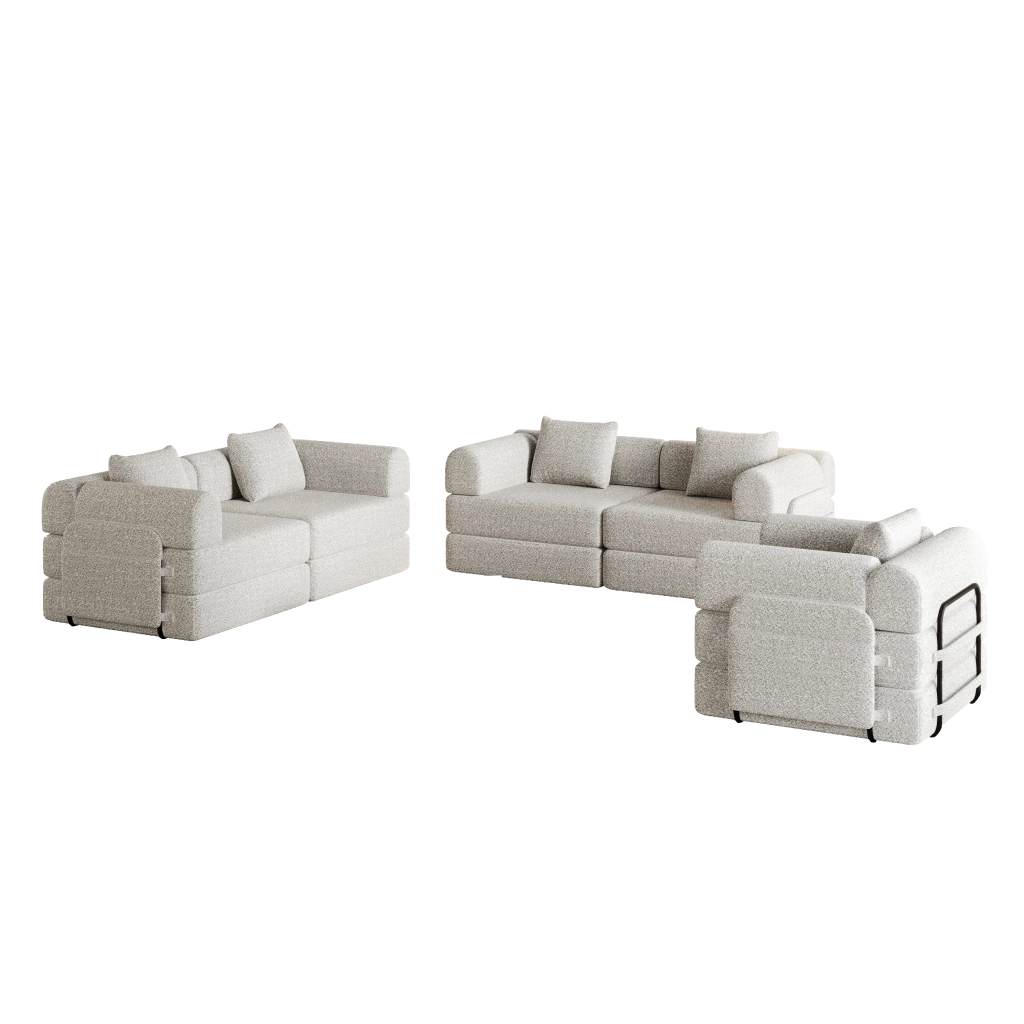 Divano letto modulare in chenille khaki con vano nell bracciolo e base antiscivolo
