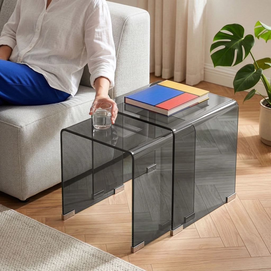 Set Kariengem di 2 Tavolini Sovrapponibili in Vetro - Grigio [en.casa]