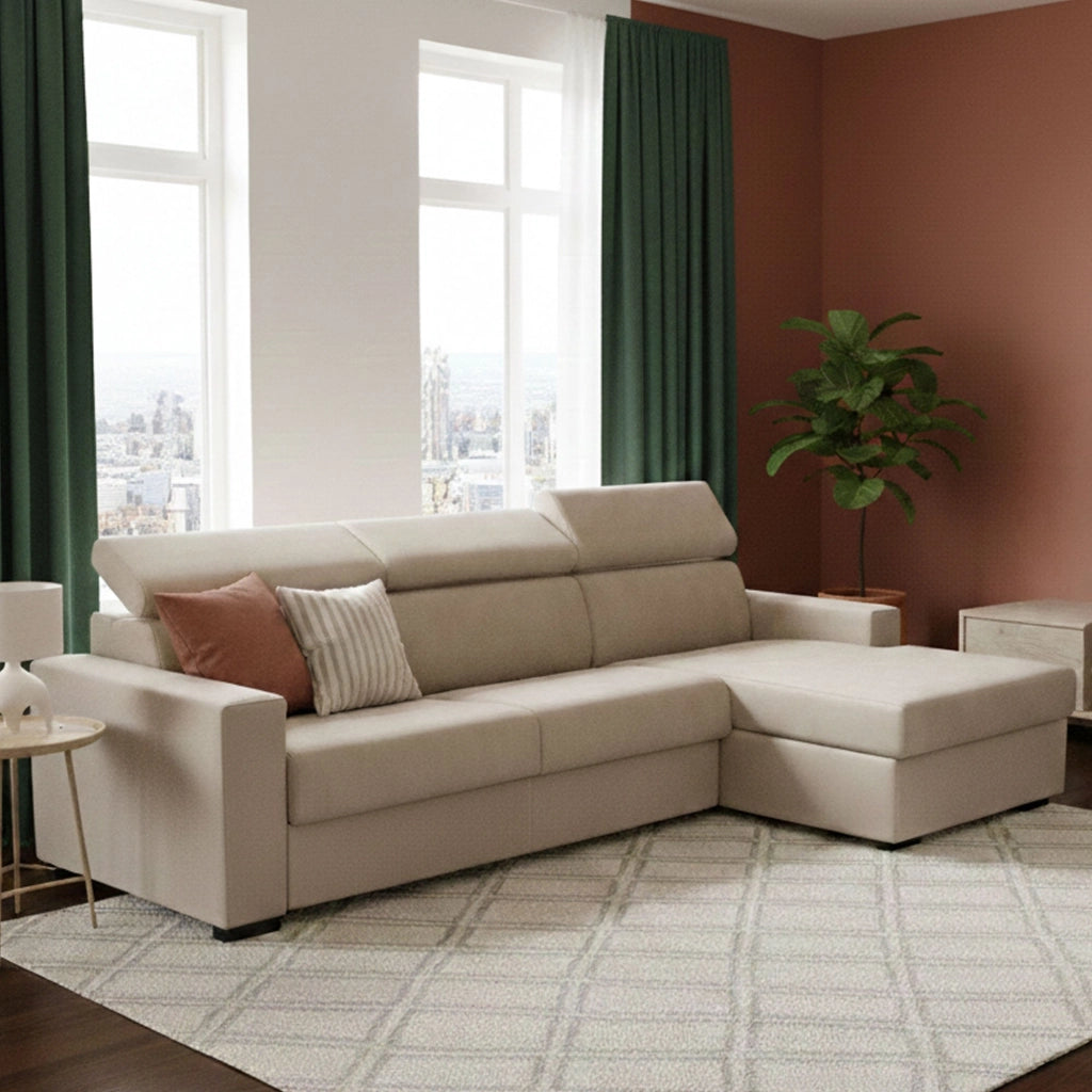 Alibella, Divano Letto con Penisola Sfoderabile Made in Italy, 260x95 cm Beige