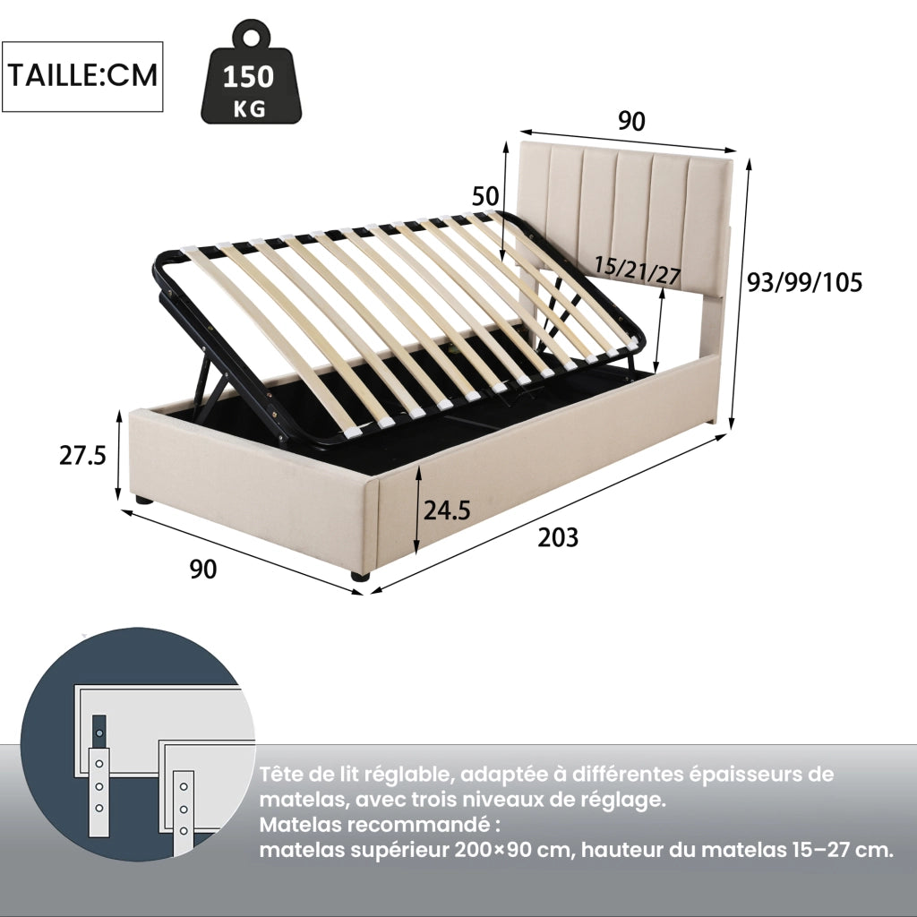 Letto per Bambini Contenitore 90 x 200 cm; Letto Singolo con Vano Idraulico e Testiera Regolabile; senza Materasso; Beige