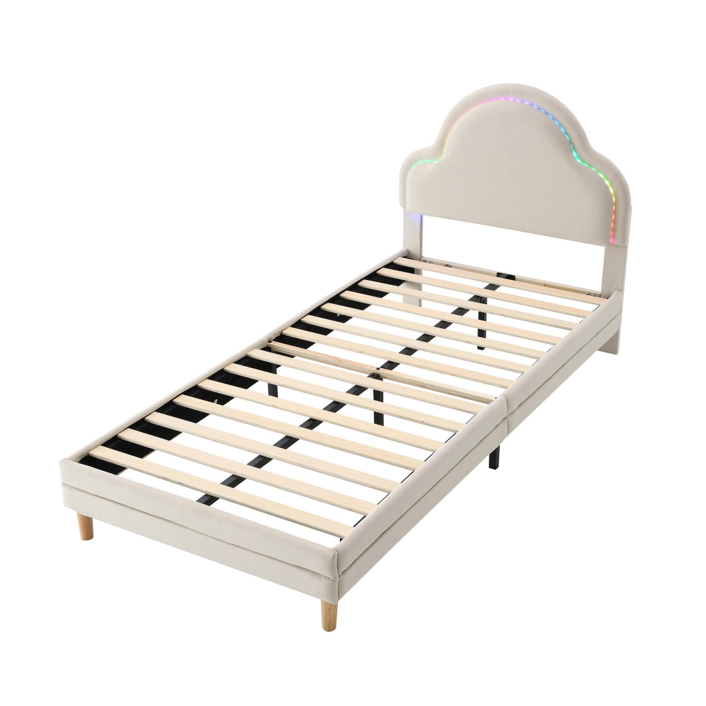 Letto Singolo per Bambini con LED Regolabile e Testiera a Nuvola; 90×200 cm; Senza Materasso; Beige