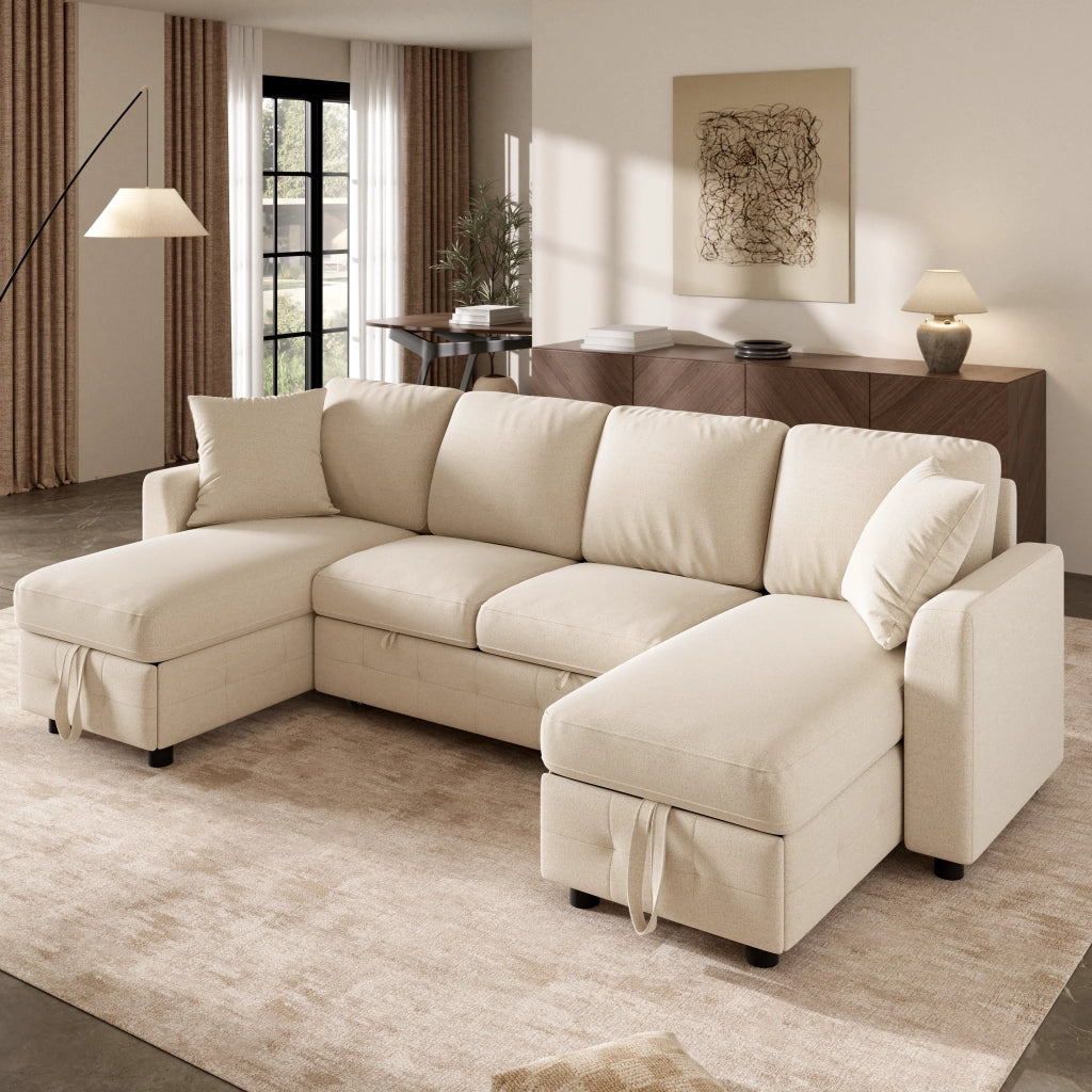 Divano angolare convertibile - con funzione letto e contenitore - in chenille beige
