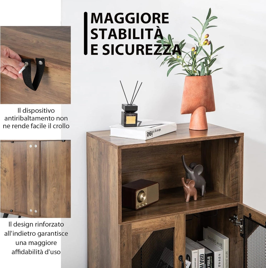 Cantinetta Portabottiglie in Legno, Credenza da Cucina con Portabottiglie Rimovibile, Portabicchiere e 2 Ante, Ideale per Cucina, Sala da Pranzo, Soggiorno