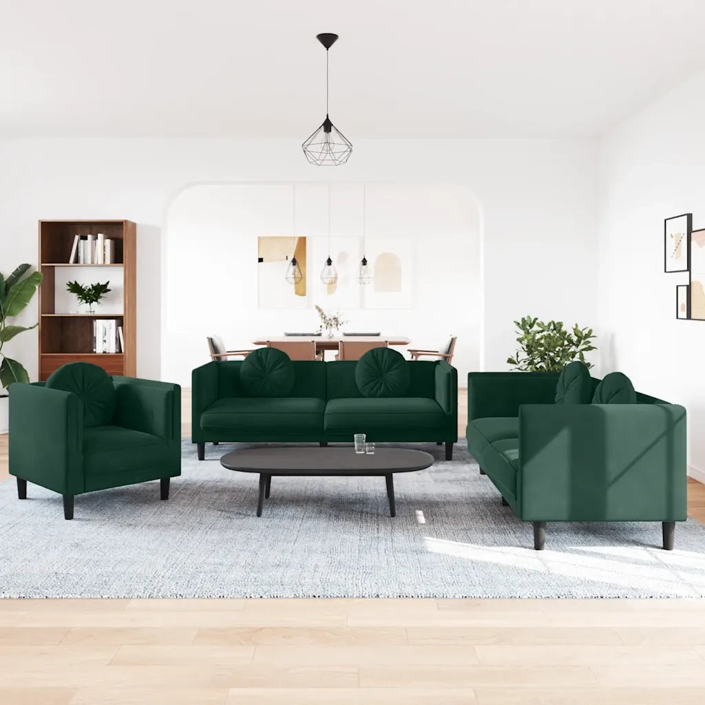 Set di Divani 3 pz con Cuscini Verde Scuro in Velluto