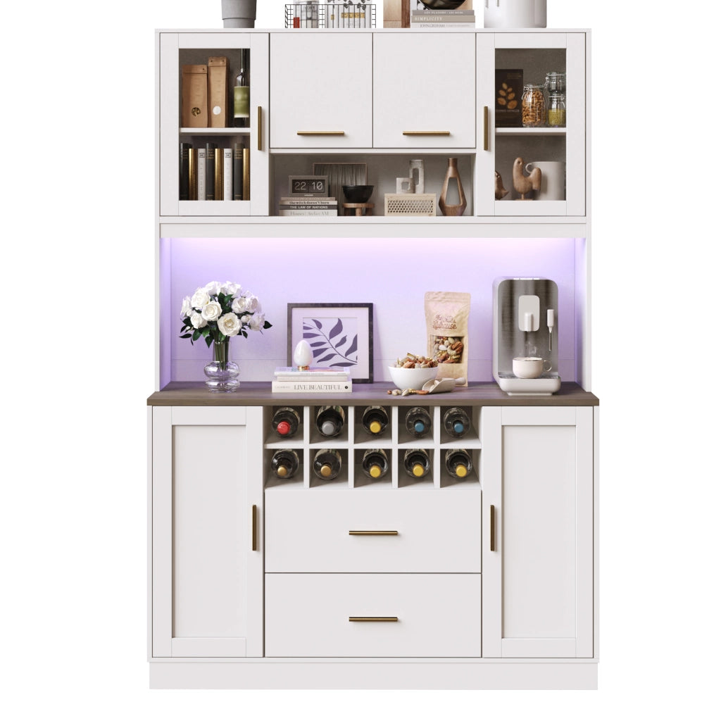 OKWISH Credenza da Cucina con 6 Ante e 2 Cassetti, Portabottiglie, LED e Prese USB, MDF, Bianco, 120×36,3×180 cm
