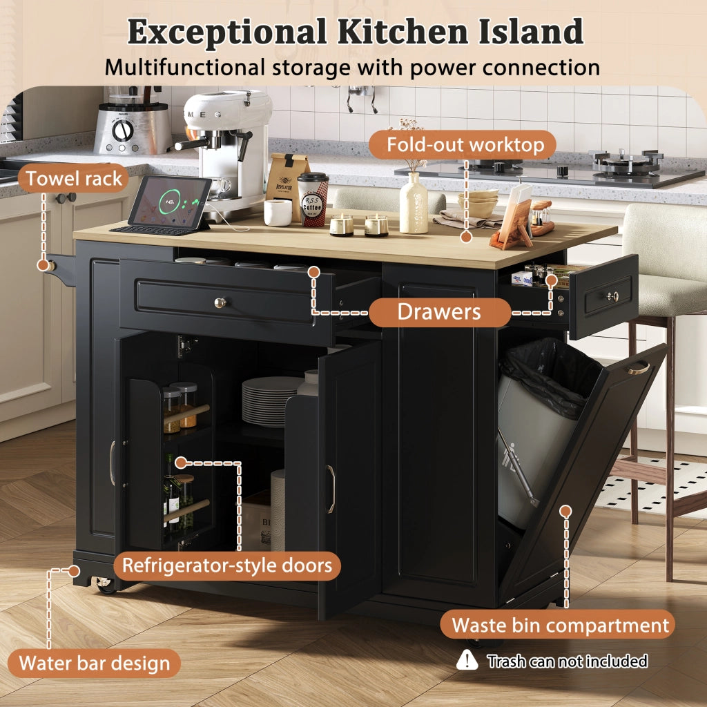 Isola da Cucina con 2 Ante; Ripiani Regolabili; Piano Pieghevole; Prese e Ruote; Cucina 131.8x40-70x93.3 cm