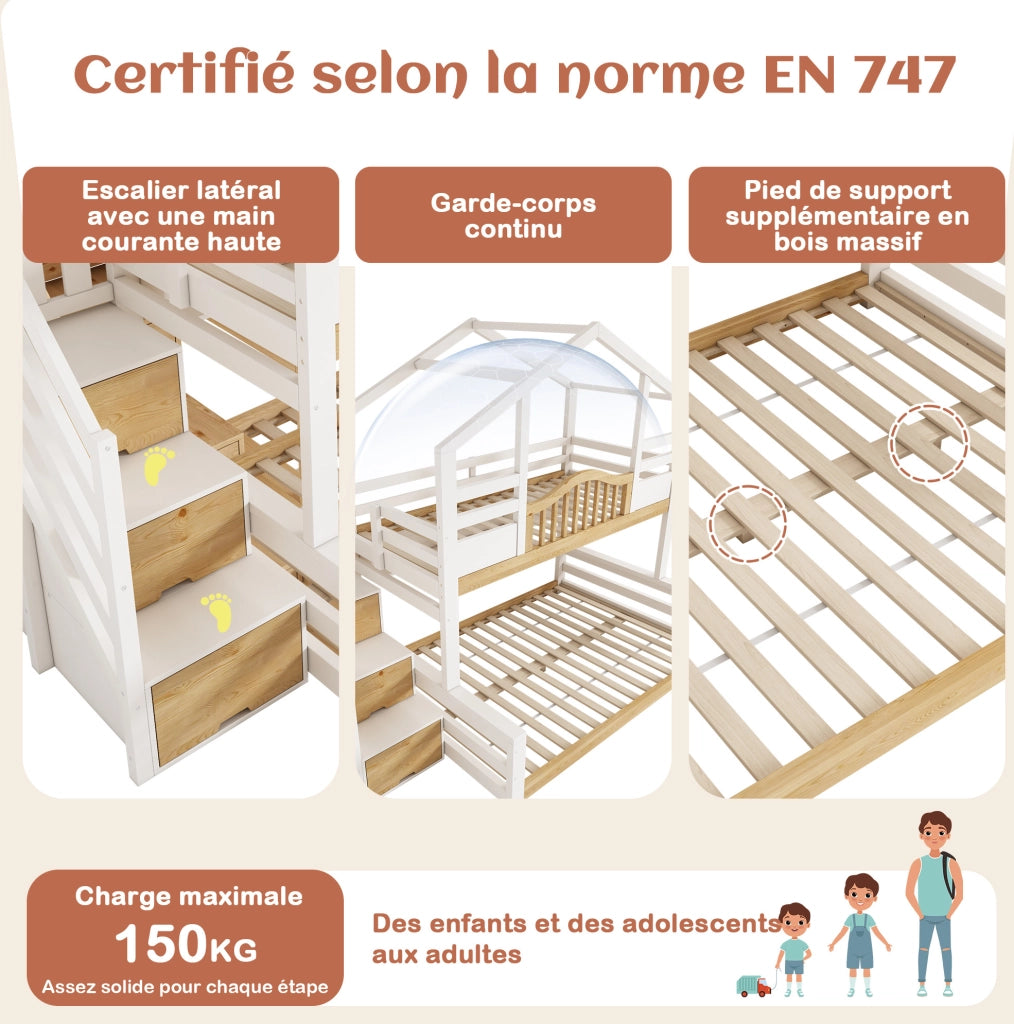 Letto a castello per bambini 90x200/140x200 in legno bianco e naturale con scala contenitore