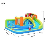 Castello gonfiabile con soffiatore, zona acquatica, canestro da basket e parete da arrampicata, 410x315x203 cm, Blu