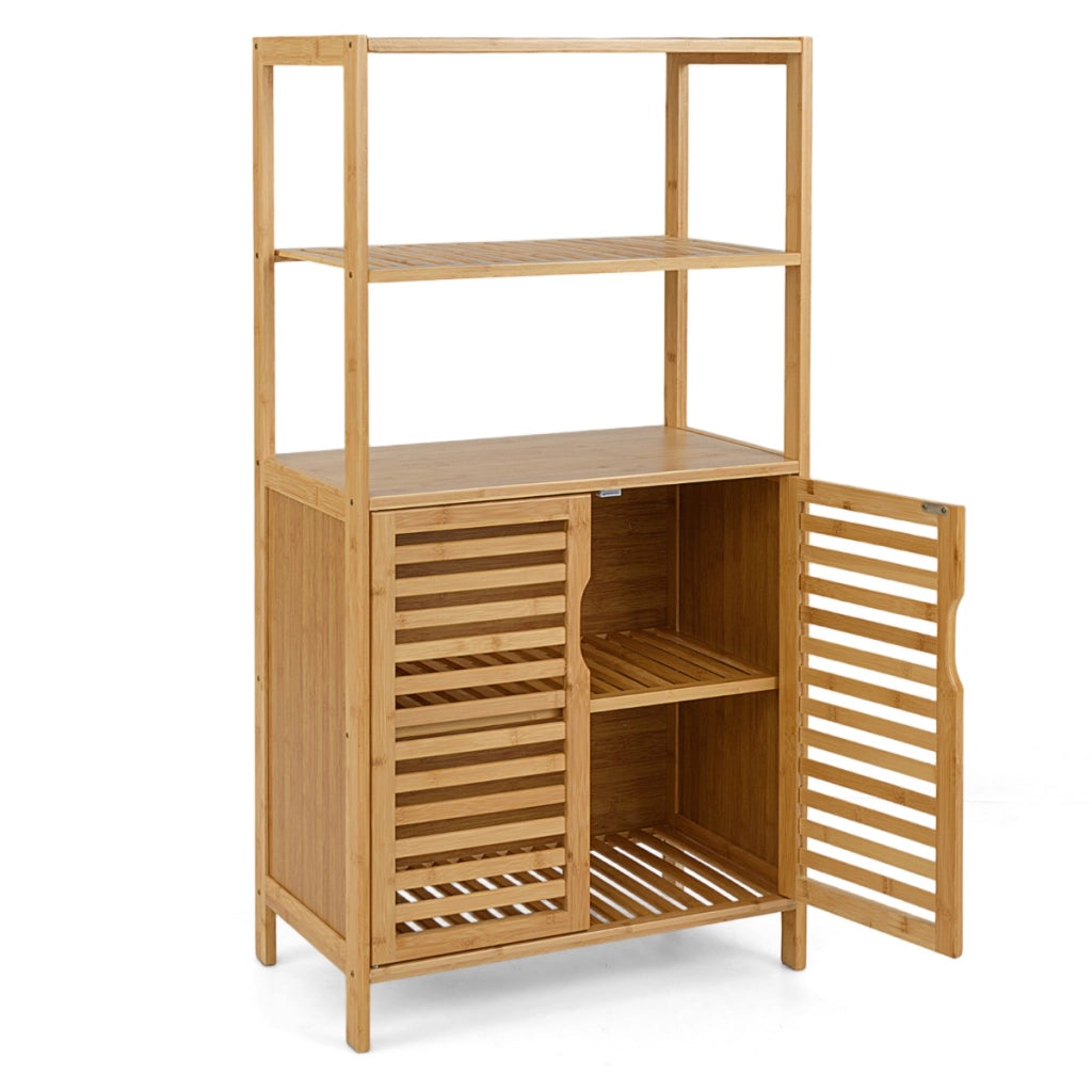 Scaffale in bamb¨´ con ante a 4 ripiani con mensole aperte e armadio con persiane, Scaffale di stoccaggio moderno Naturale-Scaffali e librerie