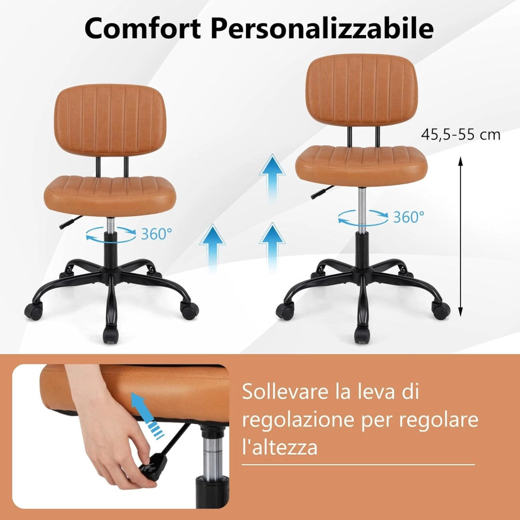Sedia da Ufficio, Sedia da Scrivania senza Braccioli con Ruote, Altezza Regolabile con Rotazione a 360°, Sgabello per Scrivania con Ruote, Portata 135 kg
