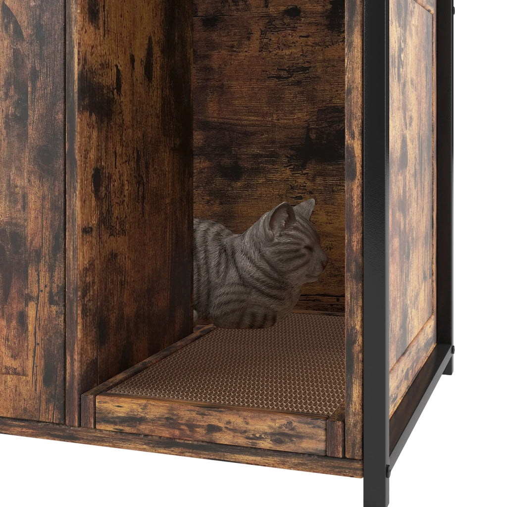Mobile per lettiera per gatti con scaffali portaoggetti, 2 ante e struttura in MDF e metallo, colore marrone