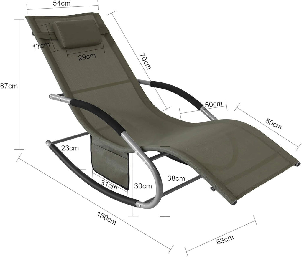Set di 2 sedie a dondolo da esterno Poltrone sedie sdraio da giardino con cuscino e poggiatesta portata fino a 150 kg Marrone 150x63x87 cm OGS28-BRX2