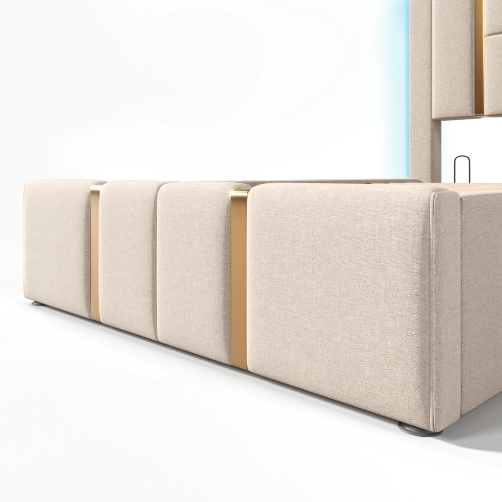 Letto imbottito singolo 90x200 cm con LED RGB, USB Type-C, contenitore salvaspazio e rete a doghe, beige