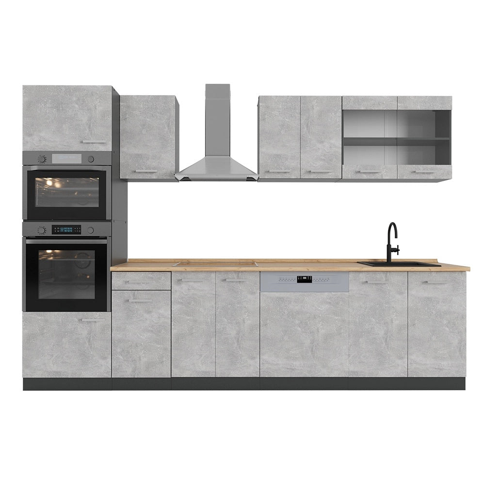 Cucina componibile R-Line Calcestruzzo/Antracite 300 cm con armadio alto, PL Rovere Vicco