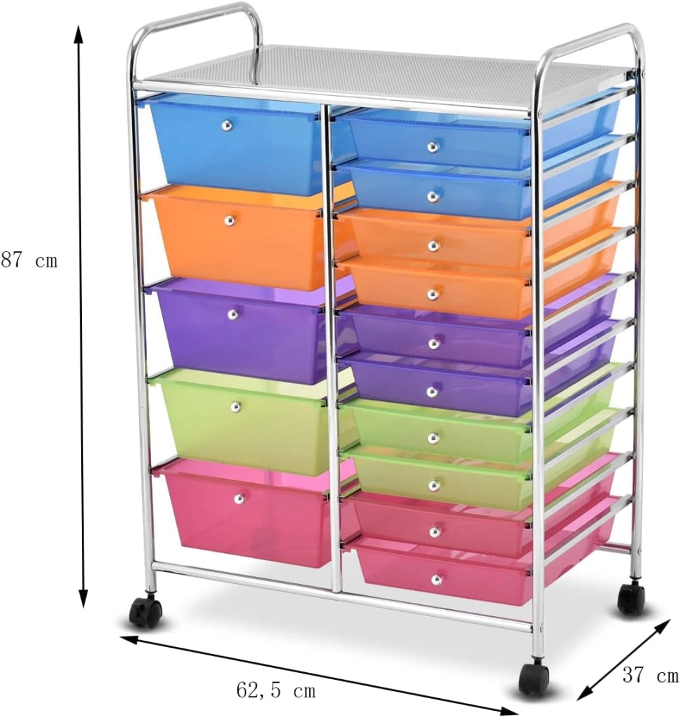 Carrello con 15 Cassetti Impilabili, Carrello di Stoccaggio con Ruote, Carello Portaoggetti per Casa e Ufficio, 62,5 x 37 x 87 cm (Multicolore)