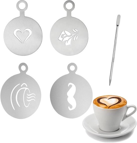 Accessori per caffè professionale - Stampa latte - 4 pezzi - Acciaio inossidabile - Decorazione caffè - Penna per latte art - Materiale duraturo