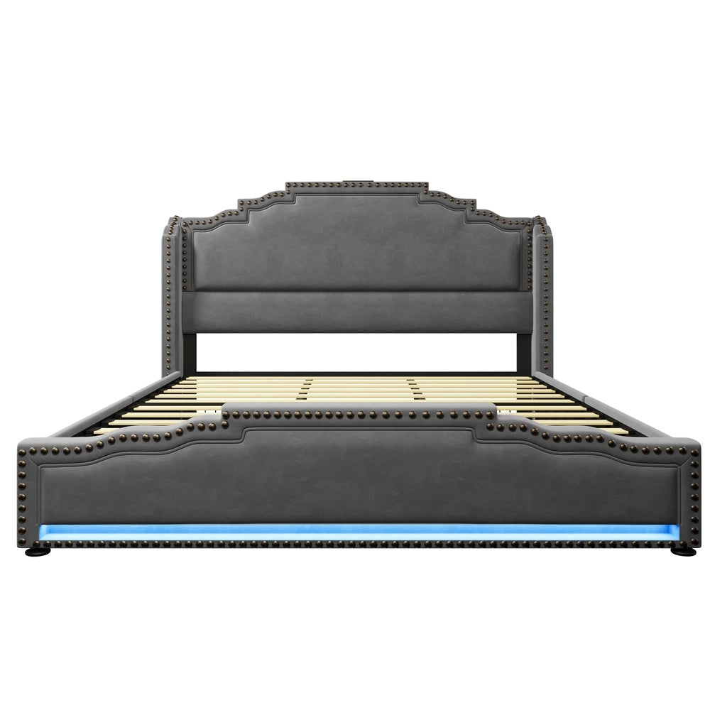 Letto Contenitore Imbottito 180x200 ¨C Xylo ¨C Velluto Grigio, 4 Cassetti, LED, Rete a Doghe