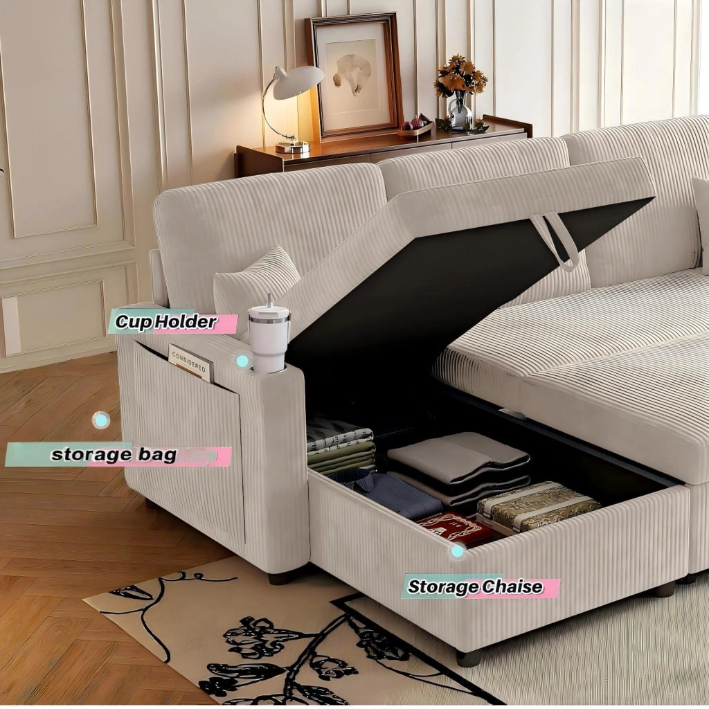 Divano Angolare Convertibile Modulare con vano contenitore, portabicchieri e tasca laterale, in velluto a coste Beige