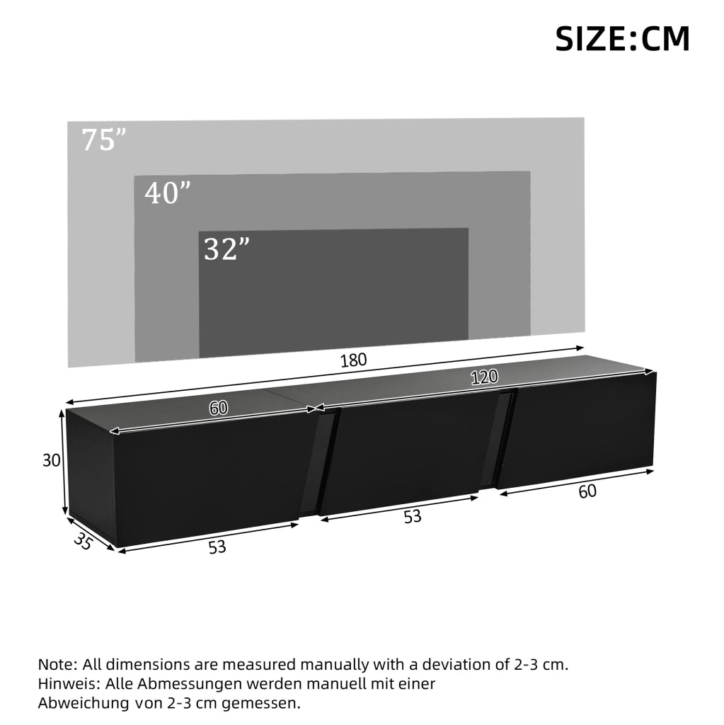 Mobile TV sospeso 180x35x30 cm con LED controllate da app; 3 ante ribaltabili; in truciolare; nero