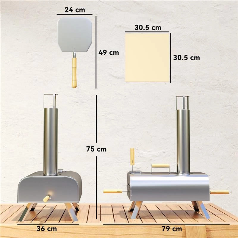 FORNO PER PIZZA A PELLET DI LEGNO CON PIETRA REFRATTARIA E PALA IN ACCIAIO INOX 79X36X75 CM ARGENTO