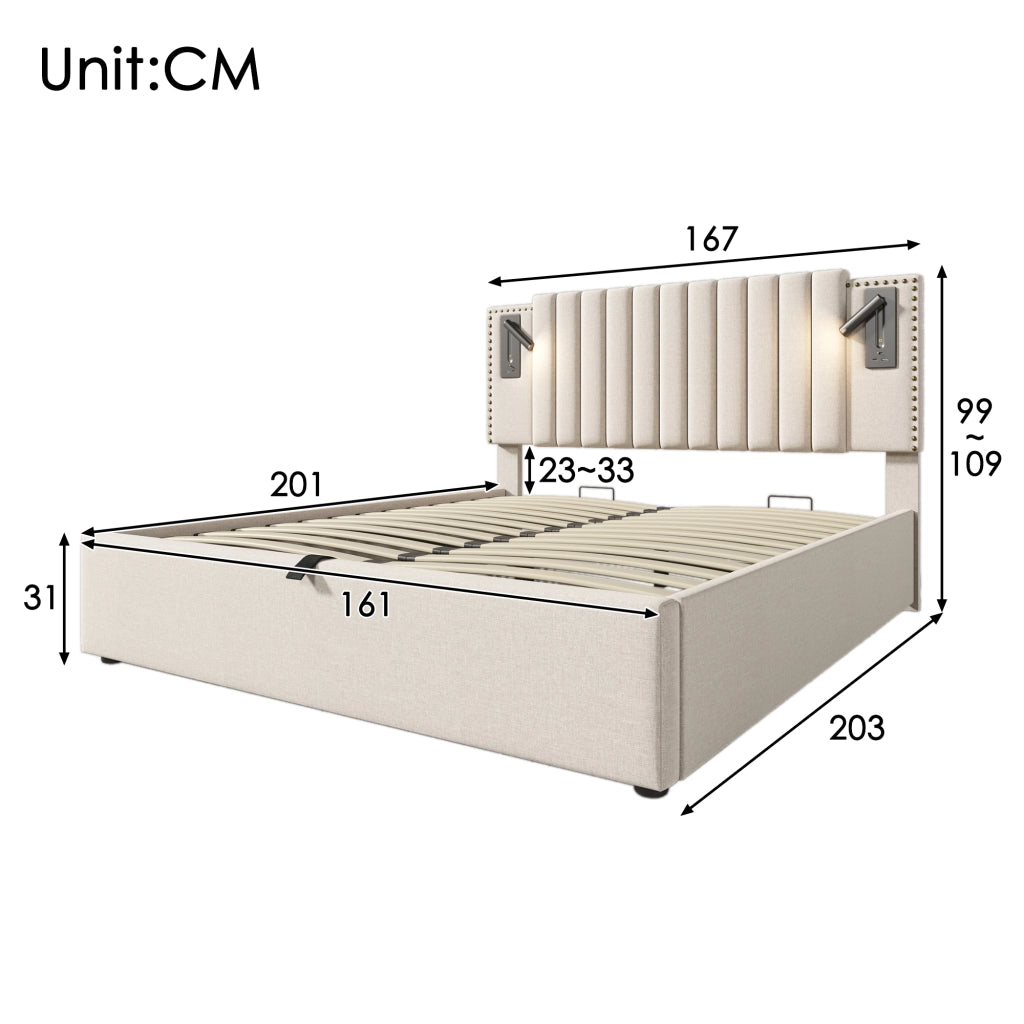 Letto imbottito 160x200 con contenitore - Zephmum- Tessuto in cotone beige, luce LED USB, testiera con borchie