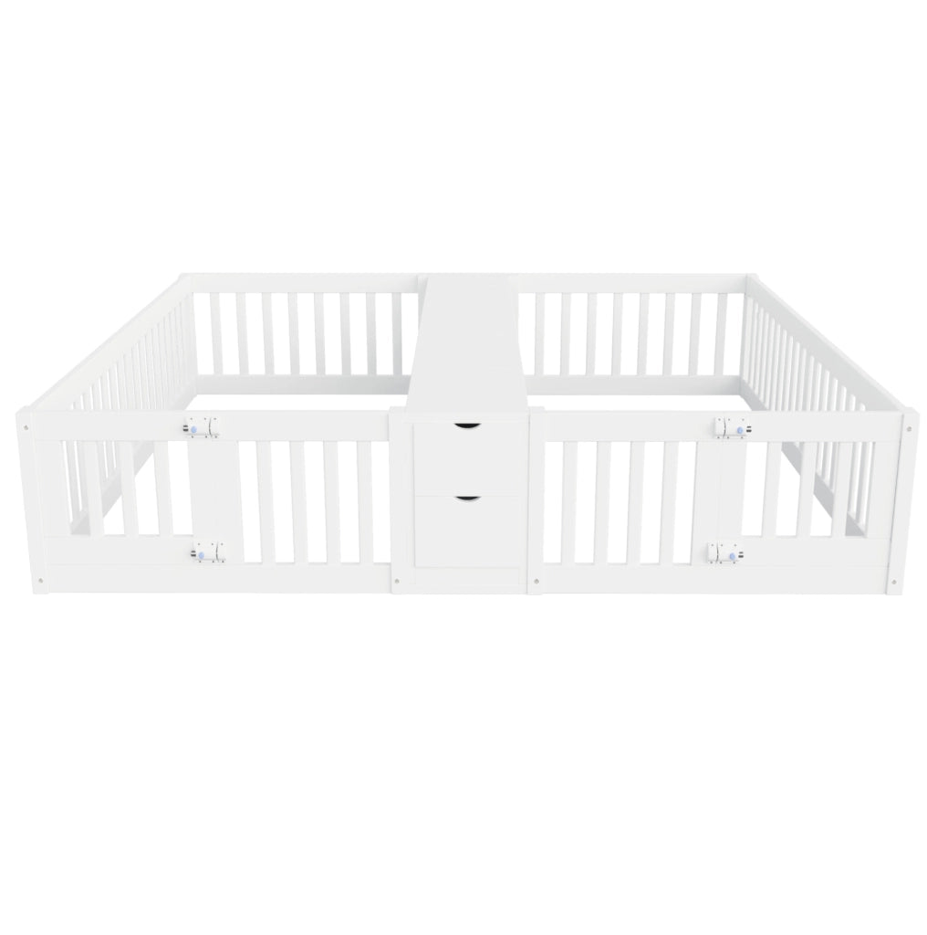 Letto per bambini doppio 90x200 cm in legno con scaffale centrale e 2 cassetti; bianco