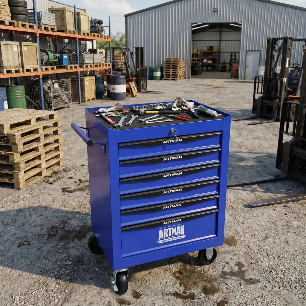 CARRELLO PORTA ATTREZZI 6 Cassetti con ruote, Acciaio Nero/Blu