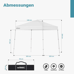Gazebo pieghevole bianco, 2,5 x 2,5 x 2,7 m con chiusura centrale, Tenda per fiere eventi mercati