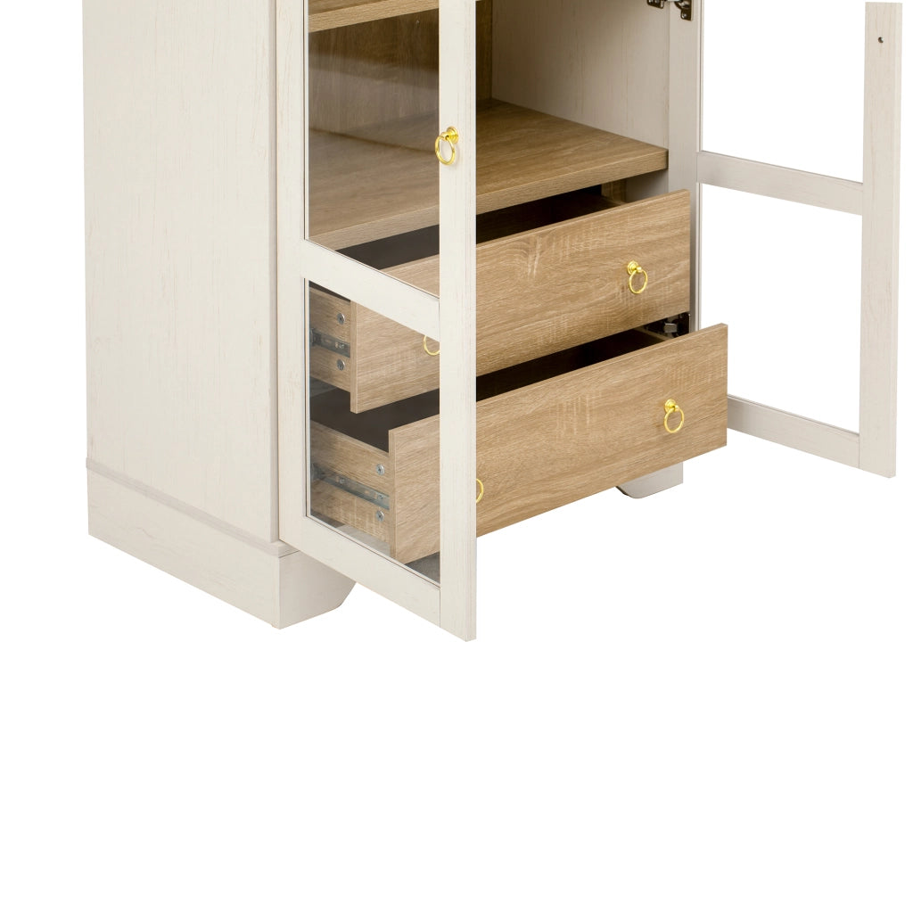 Credenza alta con 2 ante in vetro; 2 cassetti e ripiani regolabili per cucina; in MDF e vetro; 76.2×40.1×180 cm; bianco
