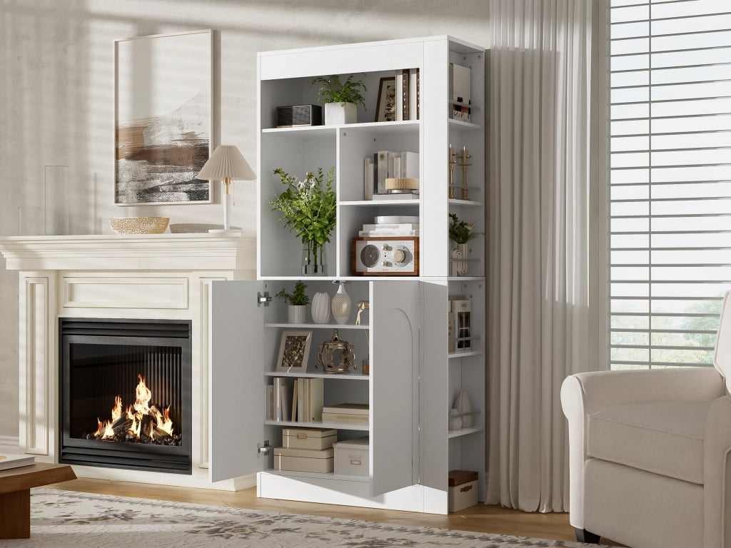Mobile contenitore con ripiani aperti, 2 ante e ripiani regolabili, per soggiorno, bianco, 85 × 35 × 180 cm