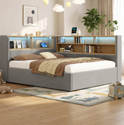 Letto daybed imbottito 140x190 cm con contenitore idraulico; LED; USB e rivestimento in velluto grigio
