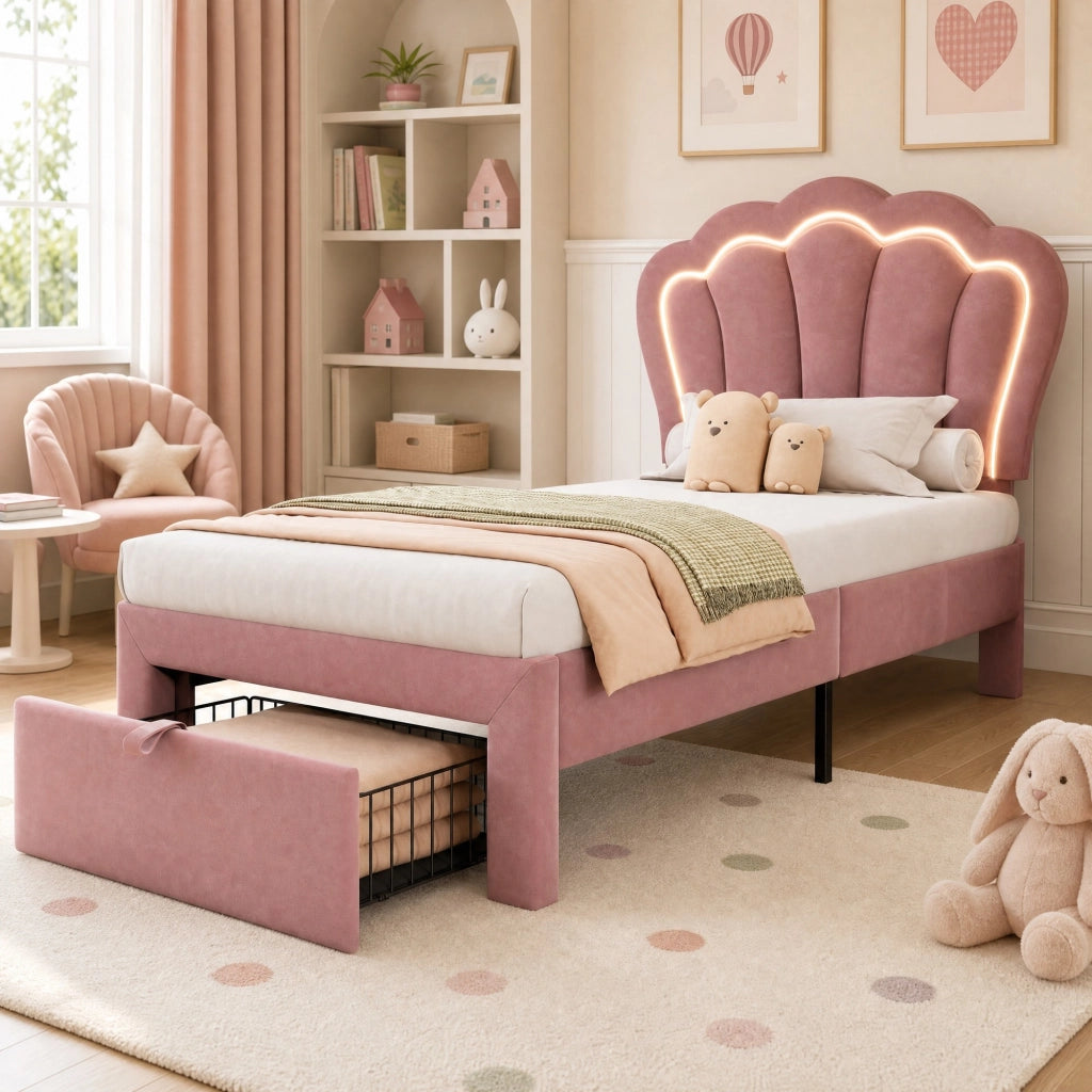 Letto singolo 90x200 cm in velluto rosa con LED RGB, cassetto e testiera regolabile