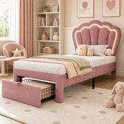 Letto singolo 90x200 cm in velluto rosa con LED RGB, cassetto e testiera regolabile