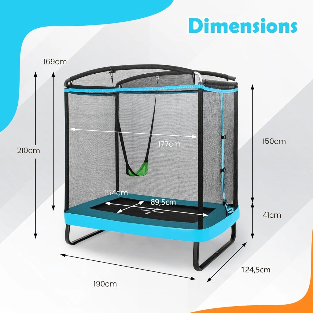 Trampolino Elastico per bambini con Altalena, Rete di Sicurezza, Trampolino Rettangolare Portato 100 kg, Tappeto da Salto all'Aperto, Tappetino per Saltare, 190x122x210 cm