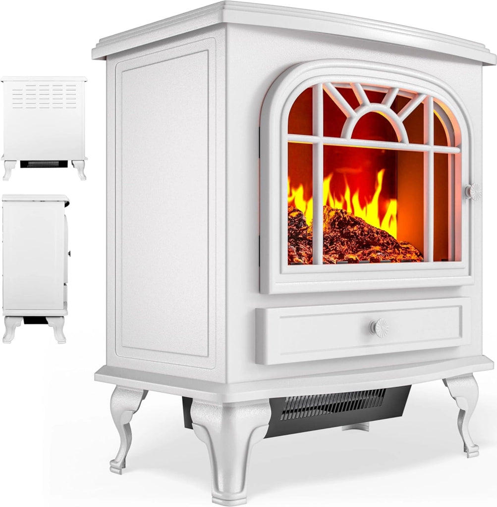 DEUBA® Camino Elettrico 2000W 60x28x50cm Termocamino Luce LED Effetto Fiamma Stufa Elettrica Caminetto finto a Corrente Stile Antico Bianco