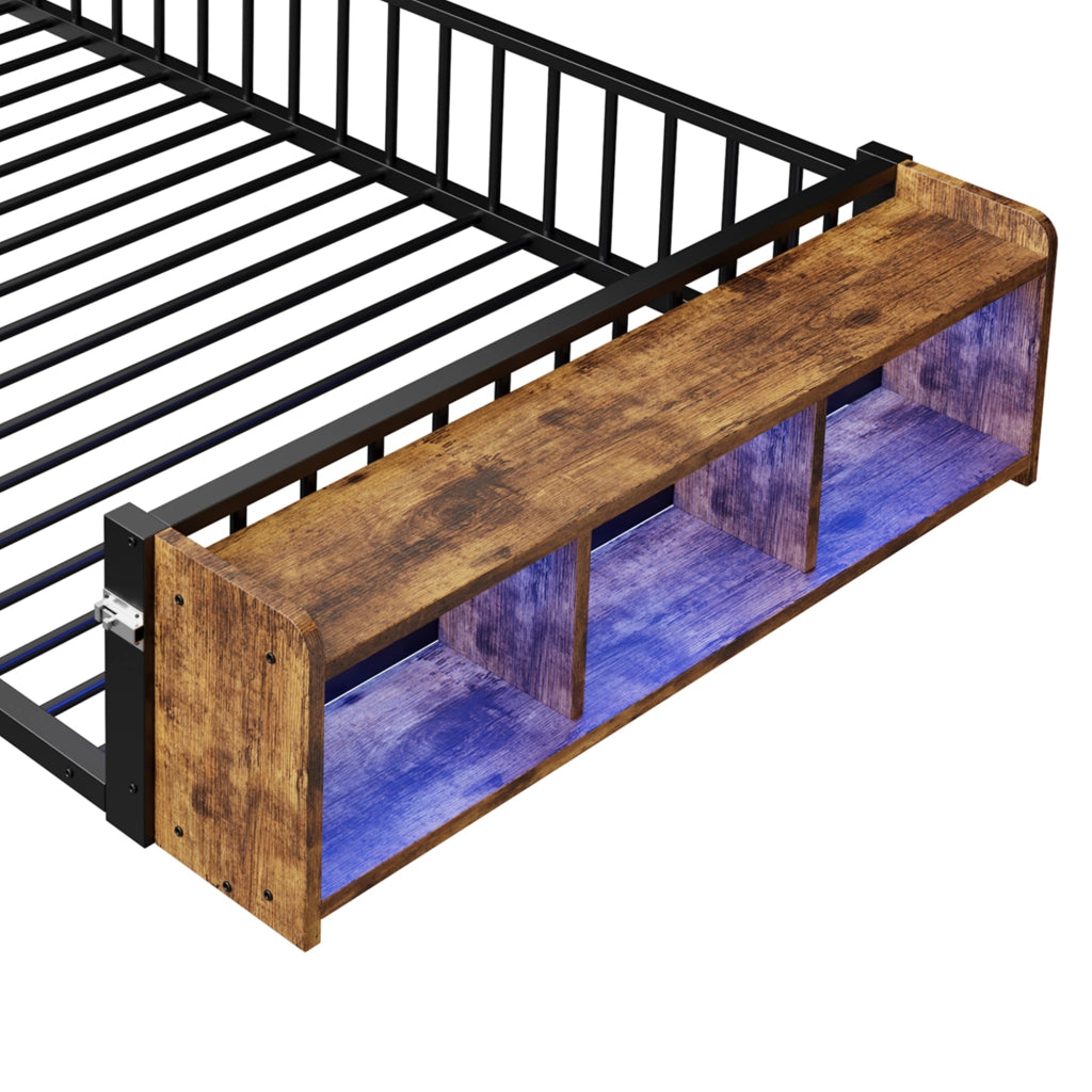 OKWISH Letto per Bambini 140 x 200 cm, Letto Singolo con Sponda, Vano a Giorno e LED, senza Materasso, Nero