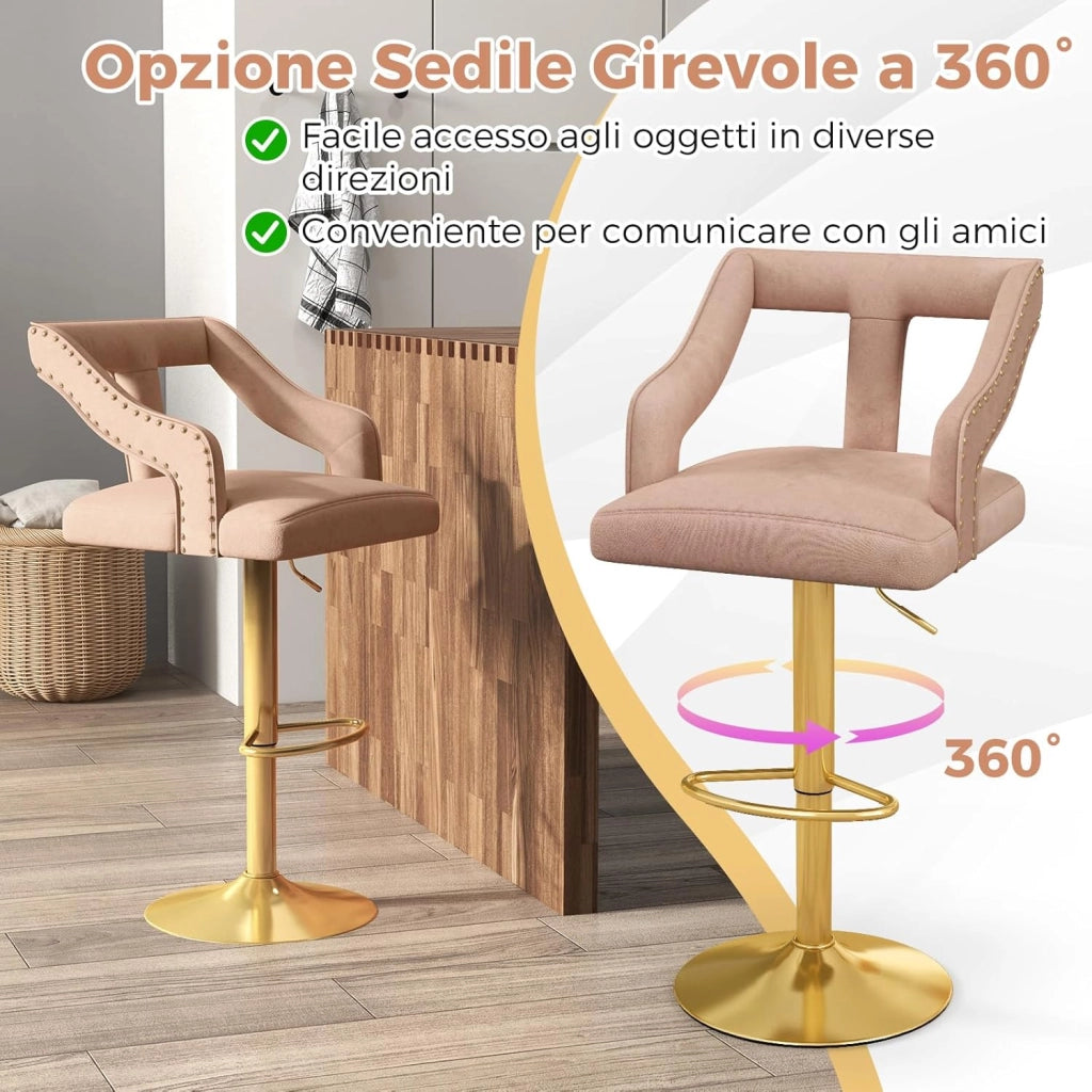Set 2 Sgabelli da Bar in Velluto, Sedie Girevole e Regolabile con Poggiapiedi, Schienali in Forma a T, Braccioli, Base in Metallo Elettroplaccata per Cucina ad Isola e Sala da Pranzo (Rosa)