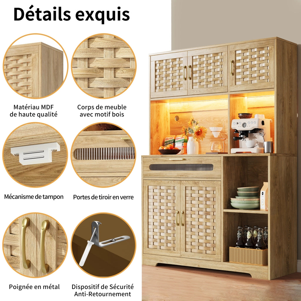 Credenza Alta da Cucina con Ante in Vetro e Ripiani Regolabili con LED per Cucina in MDF 120x40x180 cm Naturale