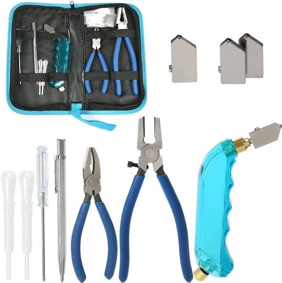 Set di taglieri per vetro professionale - Tagliatore di vetro alimentato a olio con testa di taglio 2 misure - Tanghe combinate - Spillone di olio - Penna per scolpire - Chiave a stella - Borsa - Precisione per tagliare vetro con accuratezza