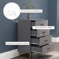 Cassettiera 4 Cassetti Moderna in Legno e Alluminio, 60x40x90 cm, Oro e Grigio Scuro