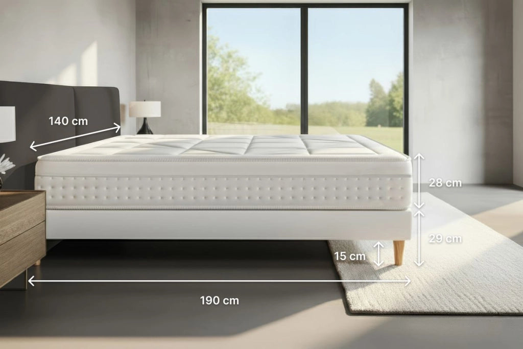 Pacchetto letto completo - Materasso 140x190cm + Box spring con doghe (in kit) + 2 cuscini + Piumino - Vingt-Huit