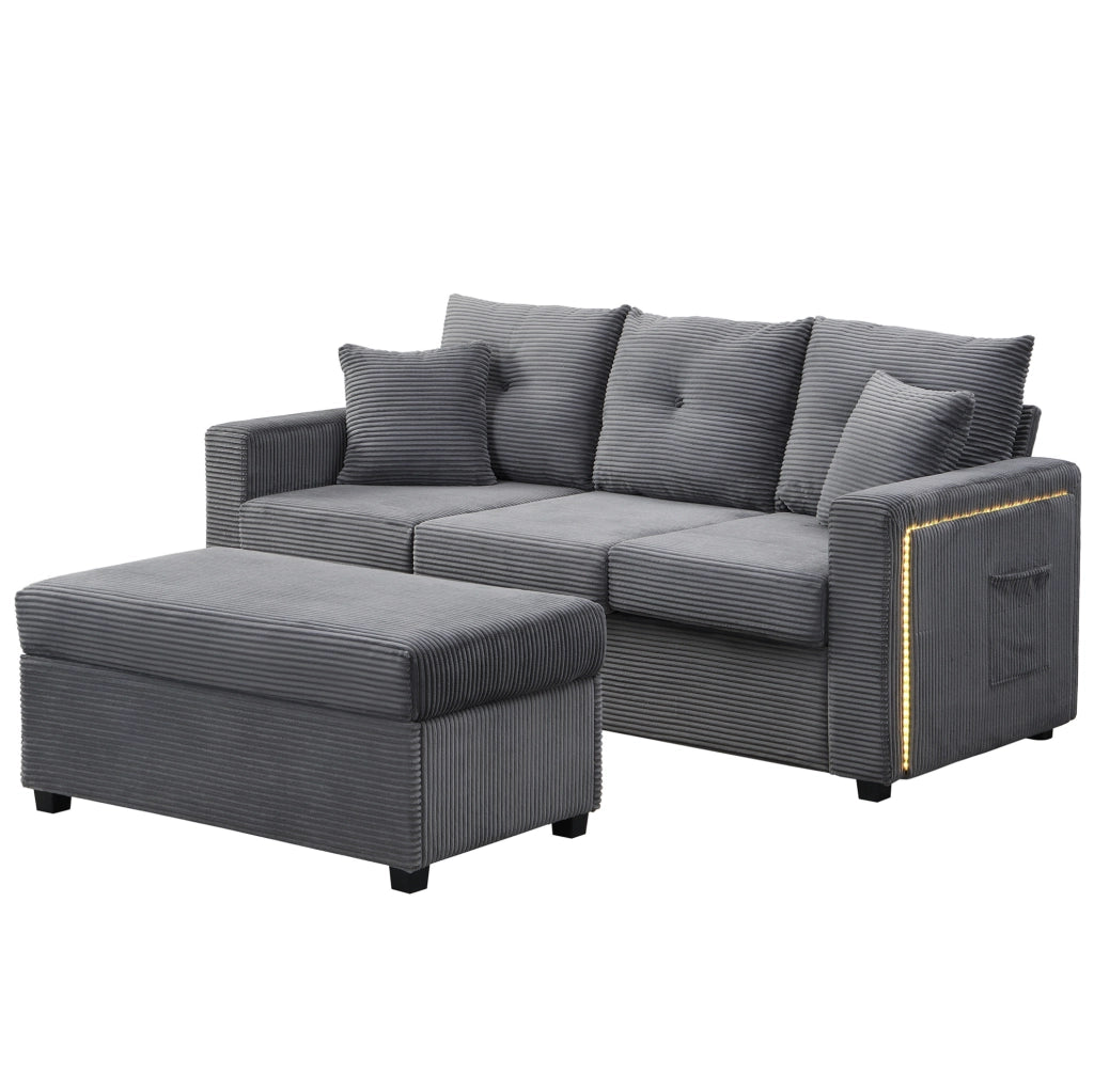 Divano modulare a L con illuminazione LED; ottomano multifunzione; in cord; grigio antico