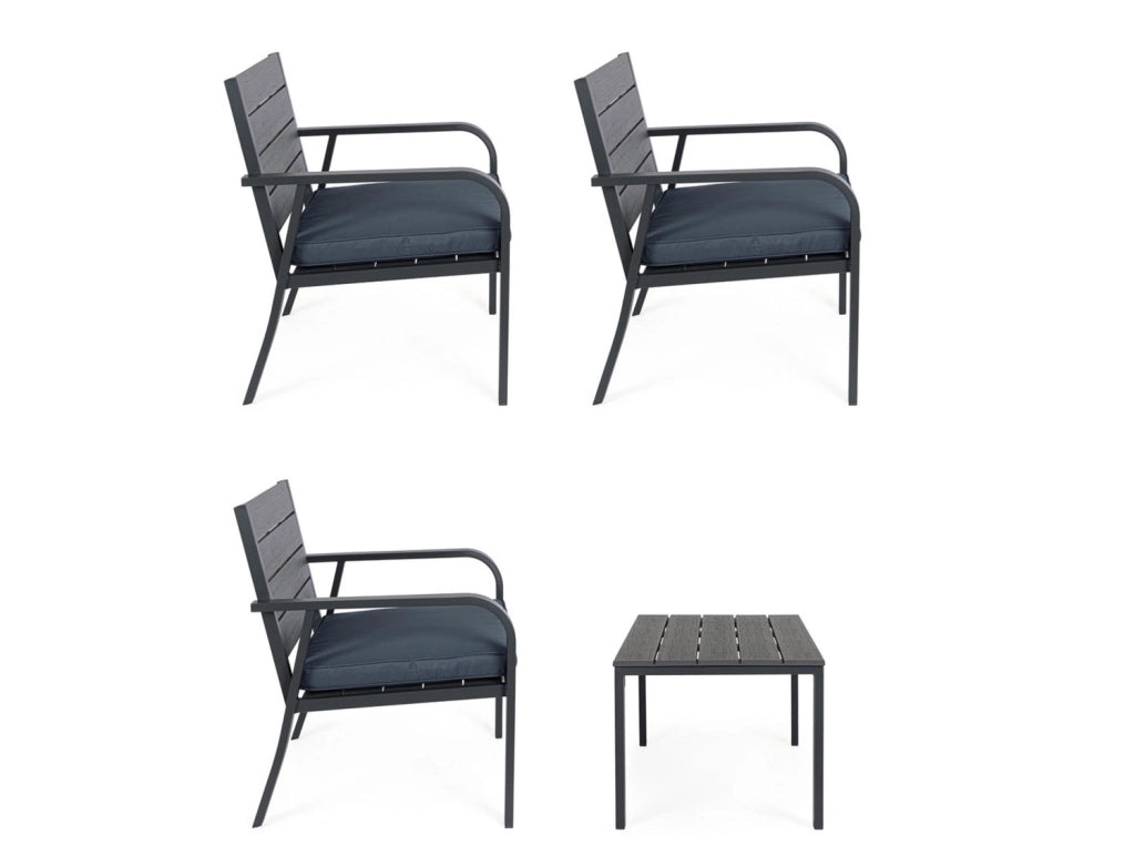 Set 4 Pezzi Salotto da Giardino con Divano 2 Poltrone e Tavolino in Acciaio e HDPE Sarita Antracite