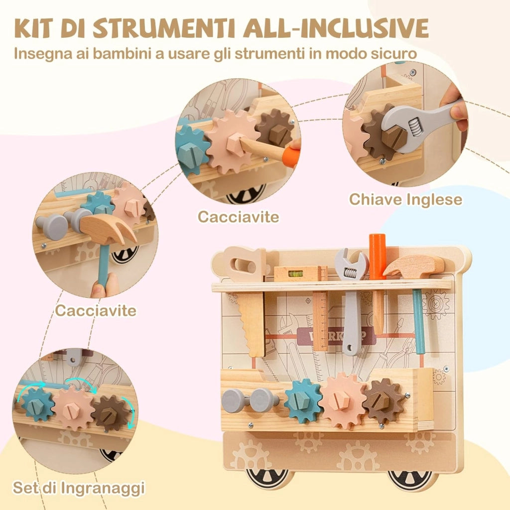 5 in 1 Pannello Sensoriale in Legno per Bambini, Busy Board con Vanity, Cassetta degli Attrezzi, Cucina Giocattolo, Kit del Dottore e Bar, Giocattolo Montessori per Sala Giochi e Asilo