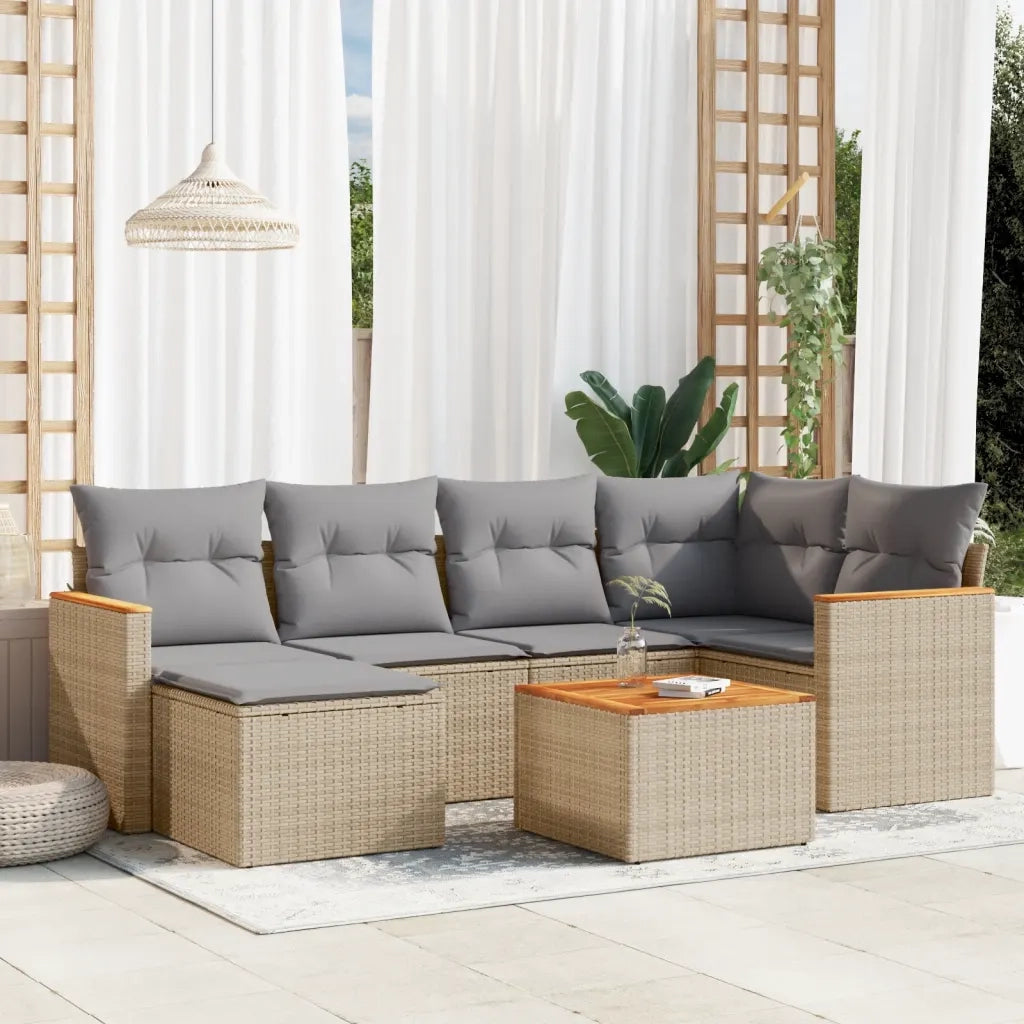 Set Divani da Giardino 7 pz con Cuscini Beige in Polyrattan