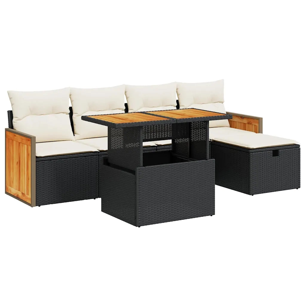 Set Divano da Giardino 6 pz con Cuscini Nero in Polyrattan