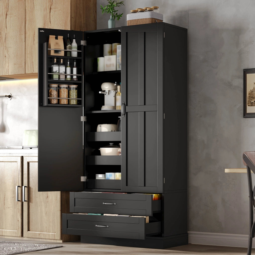 Credenza alta freestanding in MDF con 3 ripiani estraibili, 2 cassetti e ante con vani portaoggetti