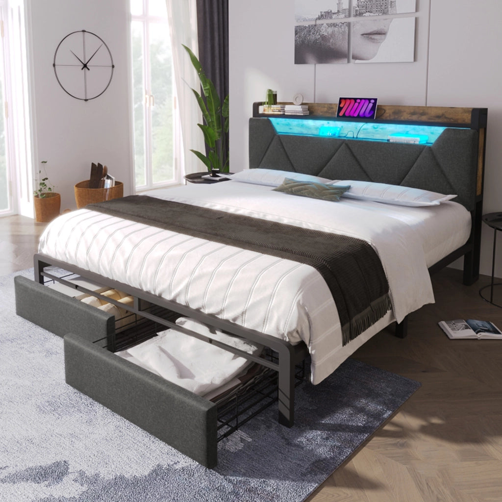 Letto matrimoniale 140x200 cm con testiera contenitore, luci LED, porte USB e cassetti, struttura in metallo, grigio