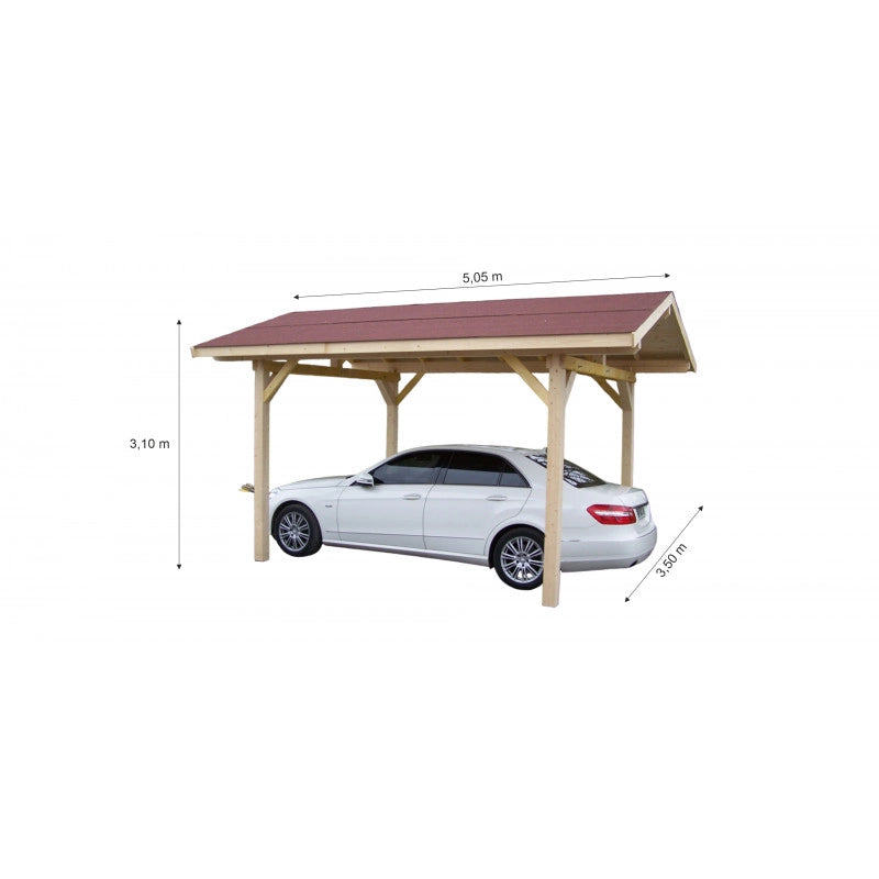 Tettoia posto auto in legno abete 300x362 cm – Altezza 310 cm – Carport auto con doppia falda con tegole bituminose – KA3550VS Foresta